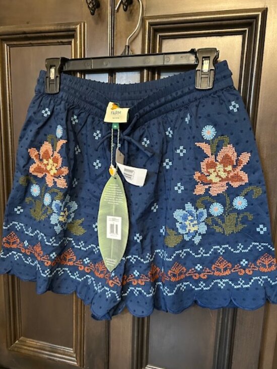 FARM Rio Pants - Farm Rio Dark Blue Multi 100% Cotton Stitched Garden Embroidered Shorts
